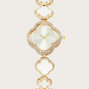 White clover-shaped watch with gold-tone finish and adjustable bracelet.