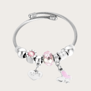 Stainless steel charm bracelet with silver and pink accents.