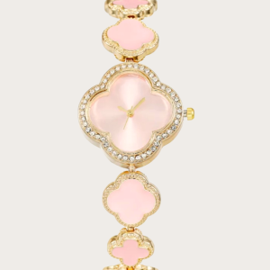 Pink clover-shaped watch with gold-tone finish and adjustable bracelet.