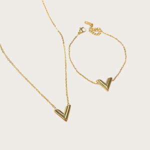 V necklace and bracelet set in gold, made from waterproof stainless steel
